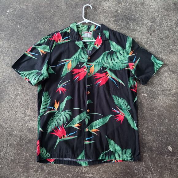Vintage Paradise Found Hawaiian Camp Shirt Mens L Black Floral Cotton 90s USA - Picture 1 of 7